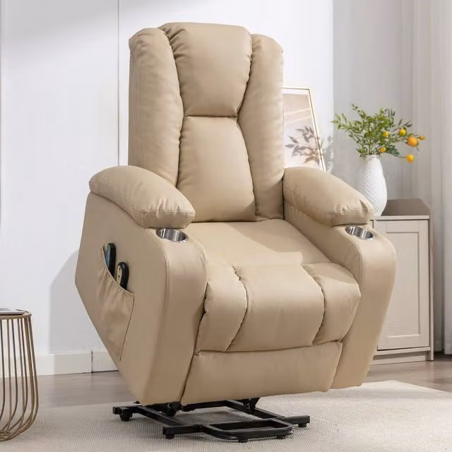 Artemis Home Hartville Electric Lift Assist Riser Recliner with Massage and Heat in Cream Synthetic Leather