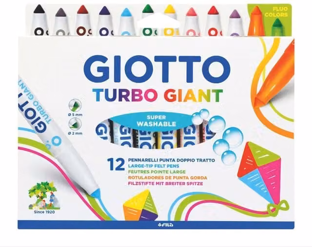 Giotto Turbo Giant Felt Tip Pen Set with Conical Broad Nib, 12 Piece Multi Colour Set