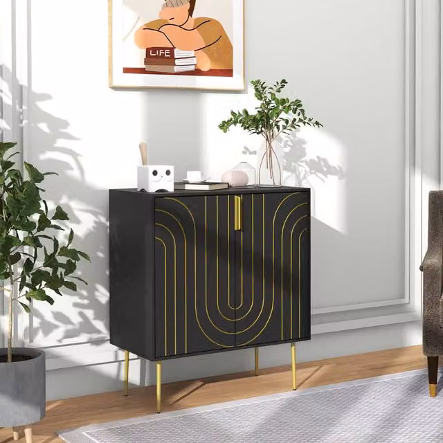 STILVORA Art Deco Geometric Sideboard in Black and Gold with Adjustable Shelf