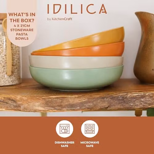 KitchenCraft Idilica Stoneware Pasta Bowls, Set of 4, Assorted Colours (Mustard, Terracotta, Green), Diameter: 21 cm – 2