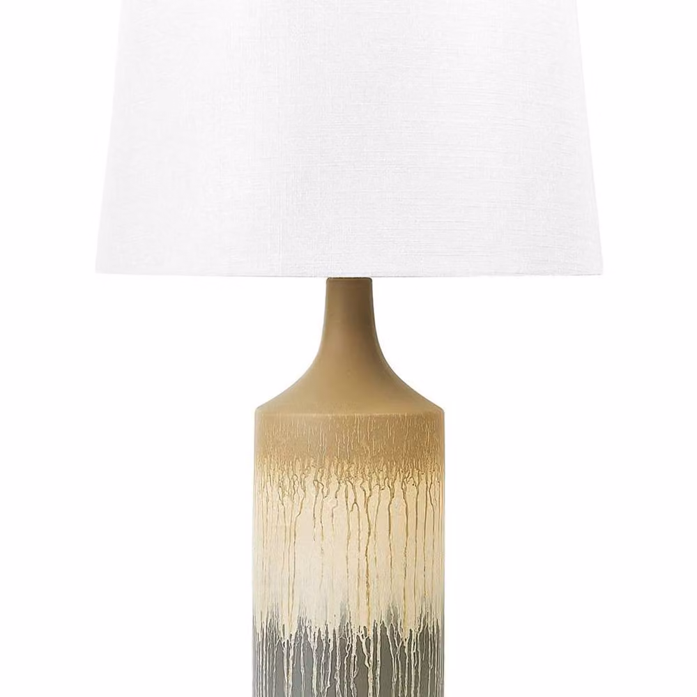 Wyld and Coco Modern Table Lamp with Beige and Grey Ceramic Base and White Fabric Shade – 2