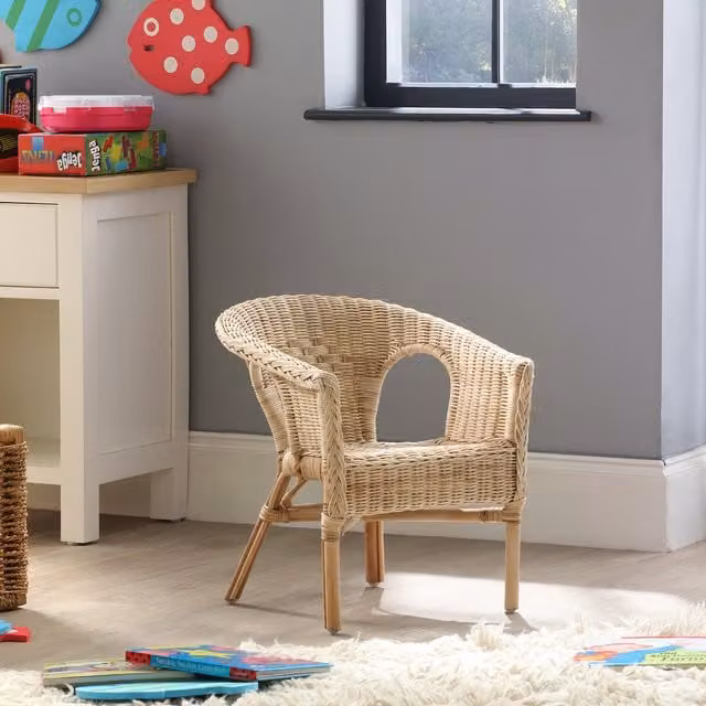 Desser Boho Rattan Tub Chair for Children with Armrests in White, Yellow or Beige