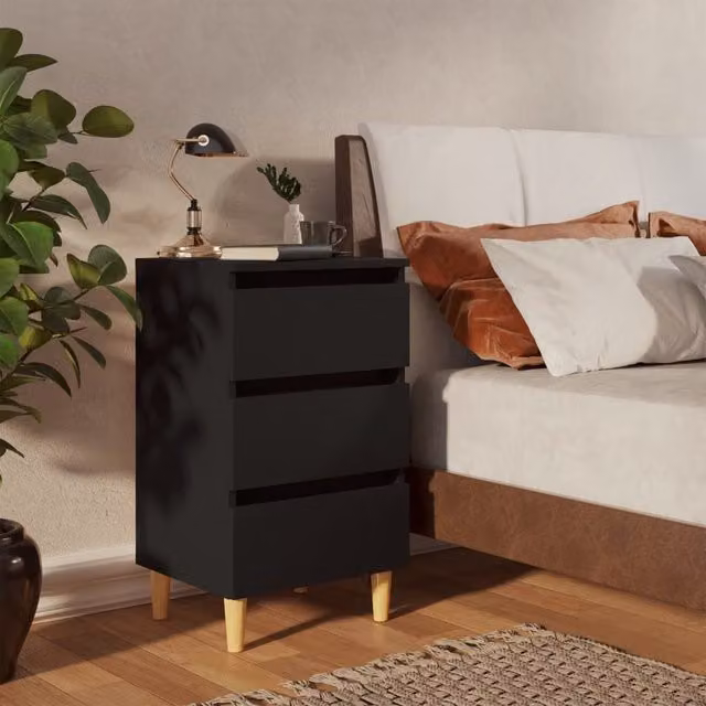 Berkfield Home Bedside Cabinet in Black with Solid Wood Legs, W: 40 cm, D: 35 cm, H: 69 cm