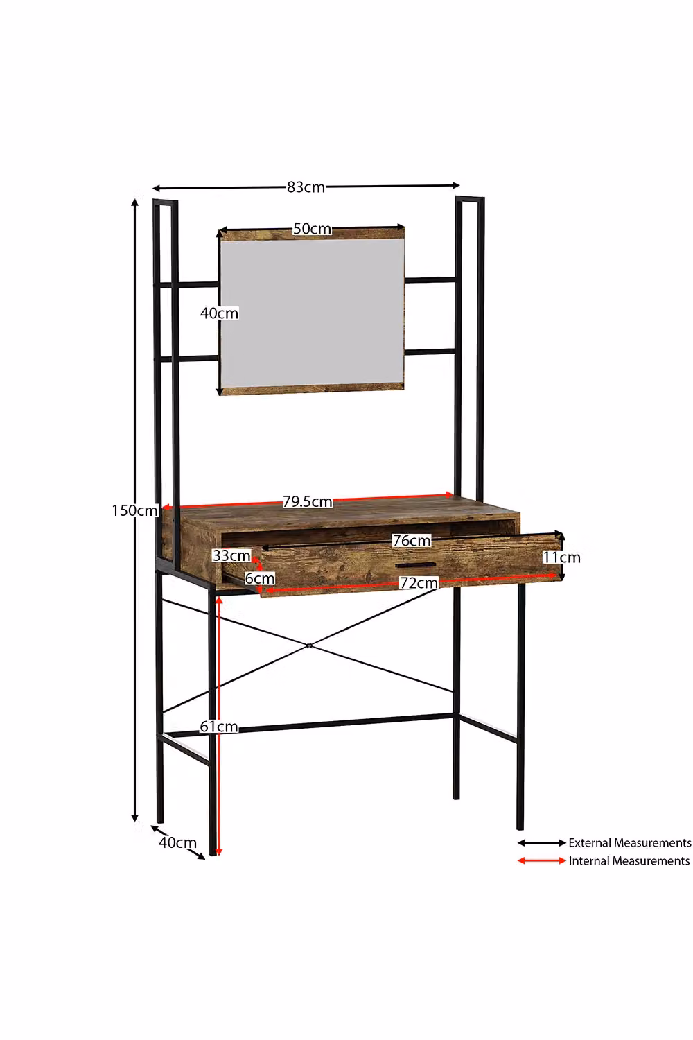 Vida Designs Brooklyn Industrial 1 Drawer Dressing Table with Built-in Mirror in Brown – 3