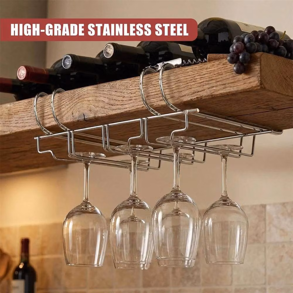 PAWNORA Silver Stainless Steel Under Shelf Hanging Wine Glass Holder – 3