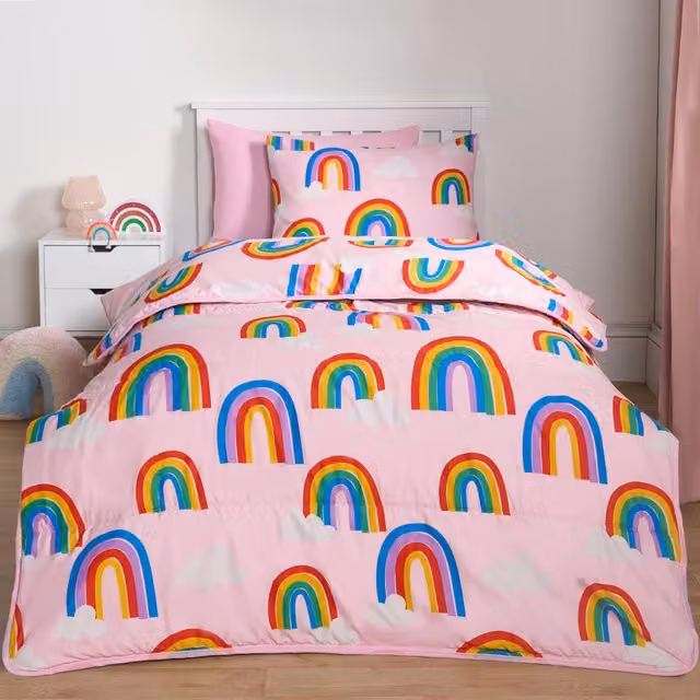 OHS Reversible Rainbow Print Coverless 10.5 Tog Childrens Duvet Set in Pink and Multicolour
