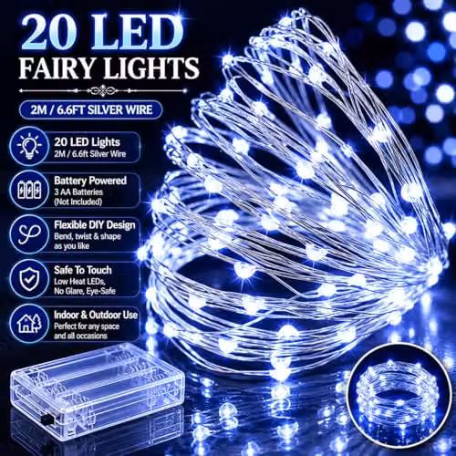 SHATCHI 2 Pack of Cool White LED Fairy String Lights with Silver Wire, Battery Operated, 2m Length – 2
