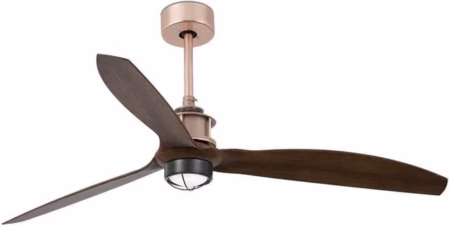 Faro JUST FAN Industrial Ceiling Fan with LED Light and Remote Control, Copper and Wood, Brown, 3000K Warm White