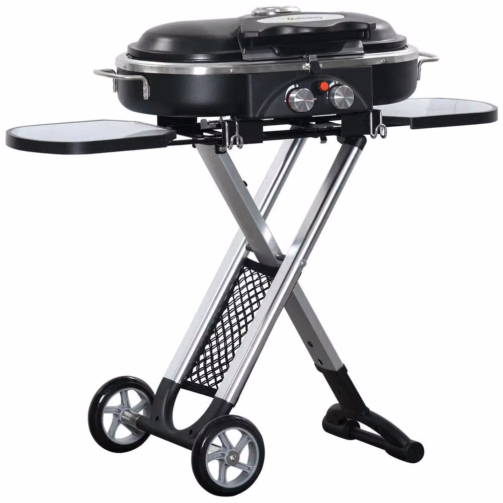 OUTSUNNY 2 Burner Gas BBQ Grill Trolley with Side Shelves and Thermometer in Black – 2