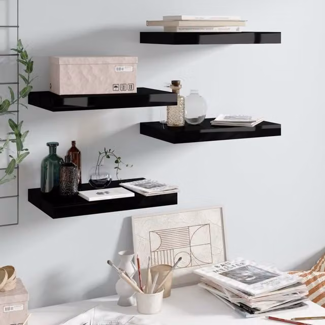 Berkfield Home Set of 4 Floating Wall Shelves in High Gloss Black, W: 40 cm, D: 23 cm, H: 4 cm