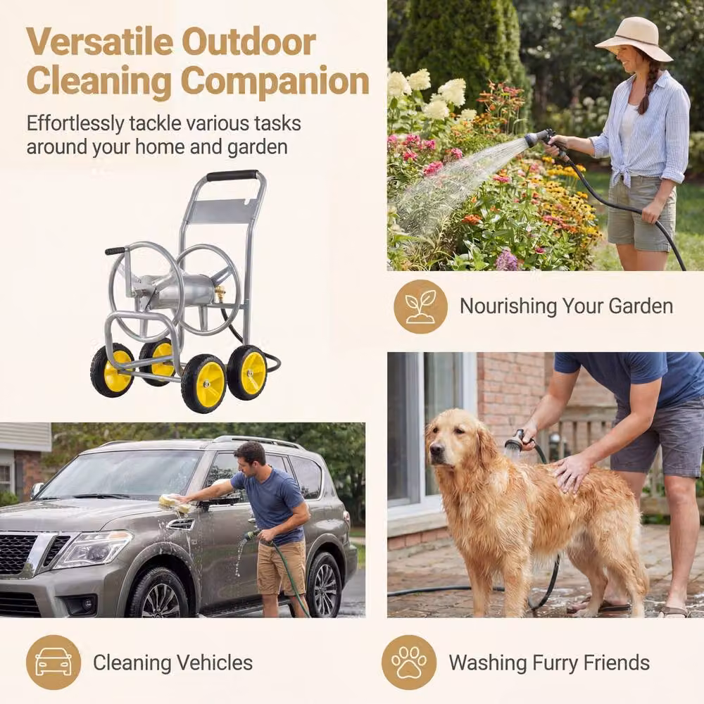 Costway Silver Metal 4-Wheel Garden Hose Reel Cart and Water Hose Organiser – 9