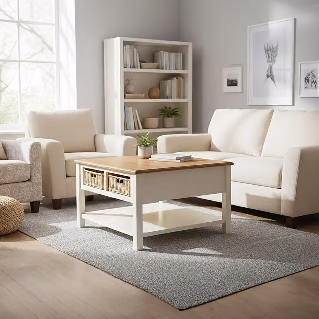 Interiors by Premier Rectangular Scandinavian Style Coffee Table with Rattan Storage Baskets in Beige, Black and White