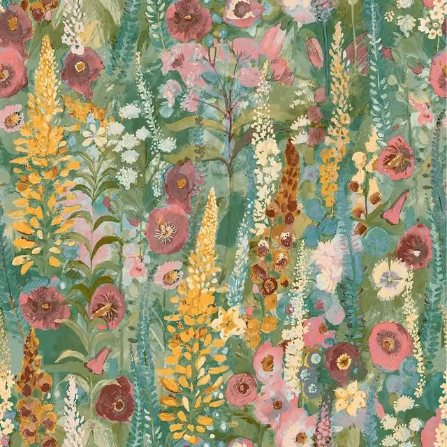 Grandeco Delphinium Forest Floral Botanical Wallpaper in Green and Pink