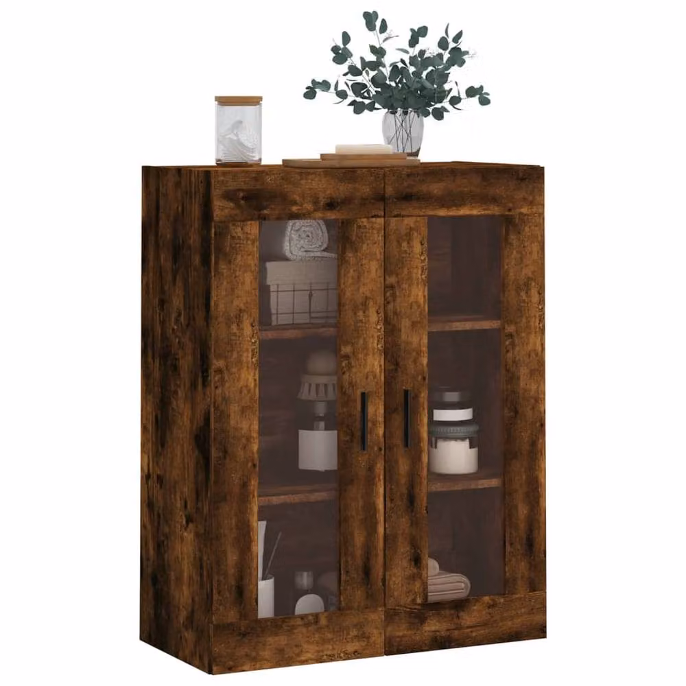 Berkfield Home Wall Mounted Smoked Oak Cabinet with Glass Doors, Brown, W/D/H: 69.5 x 34 x 90 cm – 4