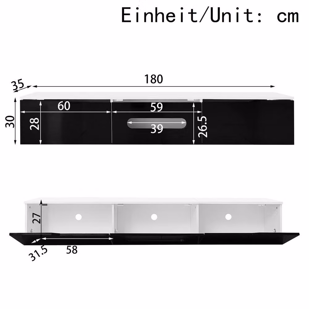 BTM Black and White High-Gloss TV Cabinet with 16-Colour LED, W: 180 cm – 3