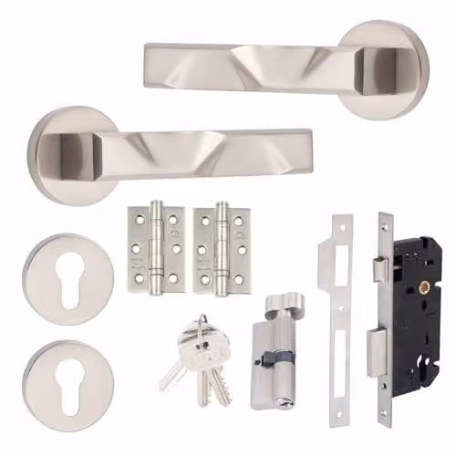 Golden Grace Nova Euro Lock Door Handles with Satin Nickel Thumbturn Lock Set in Chrome – 1
