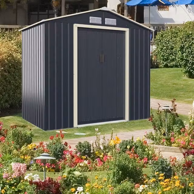 Costway Large Steel Outdoor Utility Storage Shed with Sliding Doors and Side Vent in Grey