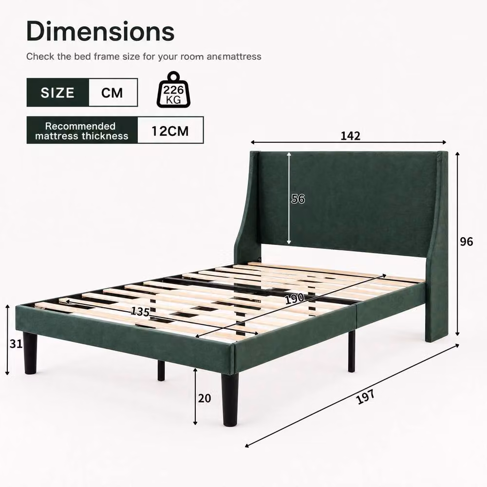 STILVORA Green Velvet Upholstered Double Bed Frame with Wingback Headboard, W/D/H: 140 x 200 x 96 cm – 3