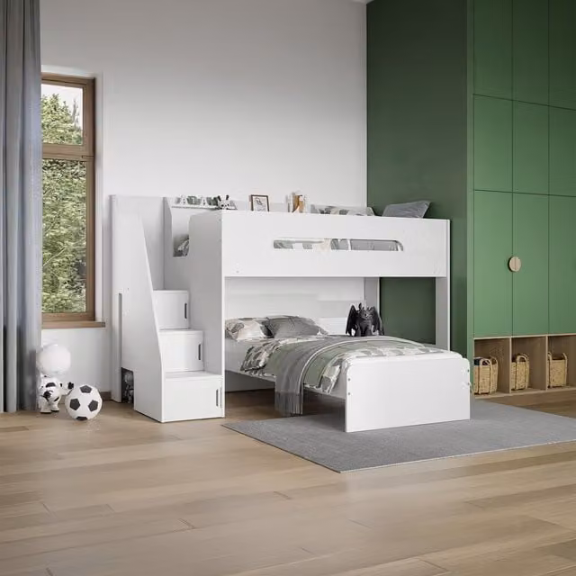 Flair Stepaside L Shaped Bunk Bed with Stairs and Side Compartments in White and Grey