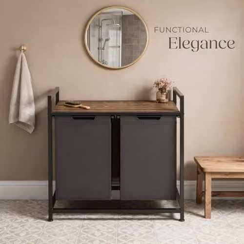 tectake Dual Laundry Basket with 2 x 46L Capacity, Water- and Smell-Resistant Fabric, Pull-Out Baskets with Steel Frame and Wooden Look Top Shelf, Black/Brown – 7