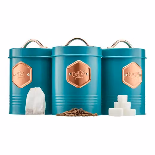 Cooks Professional 3-Piece Tea, Coffee and Sugar Canister Set in Petrol with Copper Labels and Airtight Lids – 3