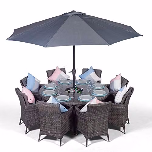 Thats Furniture Giardino Savannah 8 Seater Rattan Garden Dining Set with Ice Bucket Cooler in Grey and Brown, Diameter: 155 cm – 1