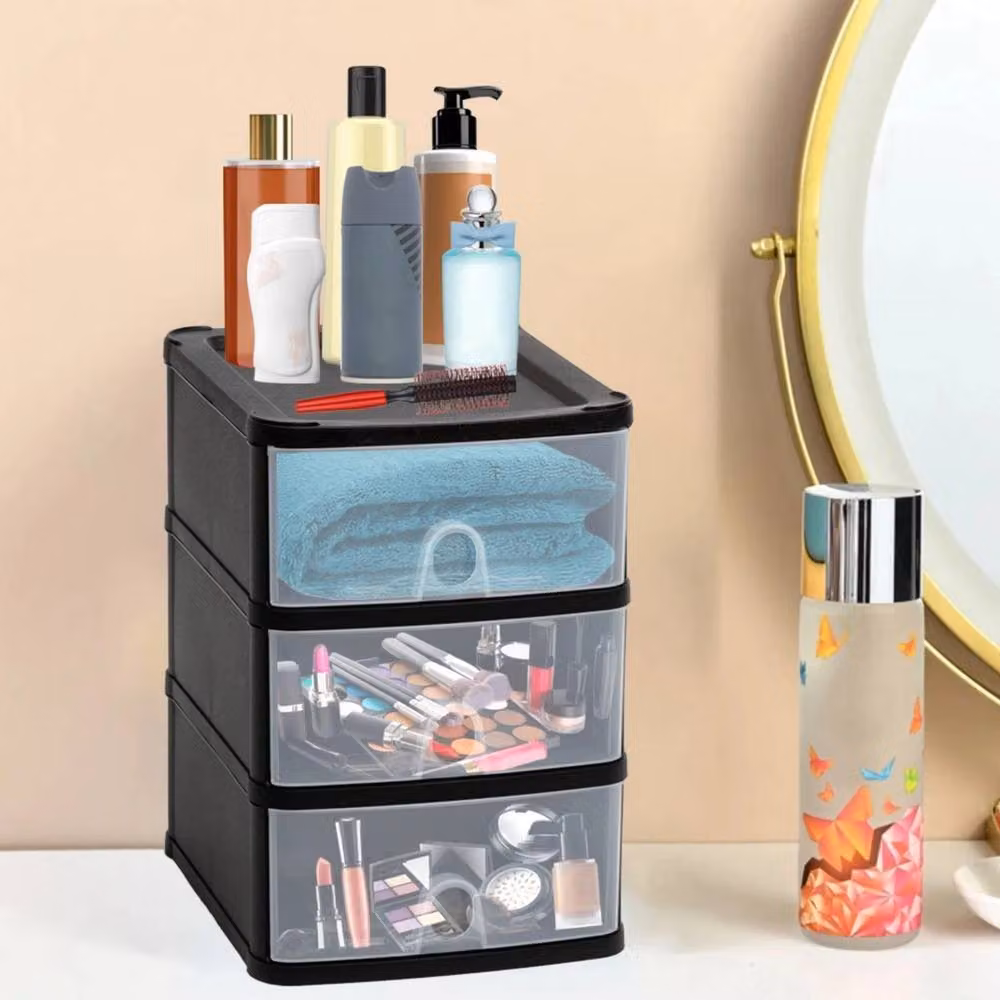 FORGEVIO 3-Tier Clear Drawer Storage Tower Desktop Stationery Organiser in Black and Transparent, W/D/H: 24.5 x 29.0 x 20.0 cm – 5