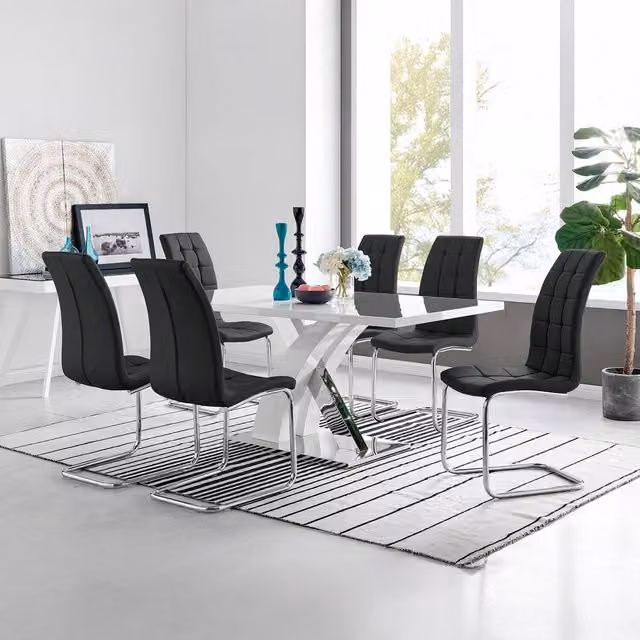 FurnitureboxUK Atlanta Rectangle Chrome Metal High Gloss White Dining Table and 6 Murano Chairs in Black