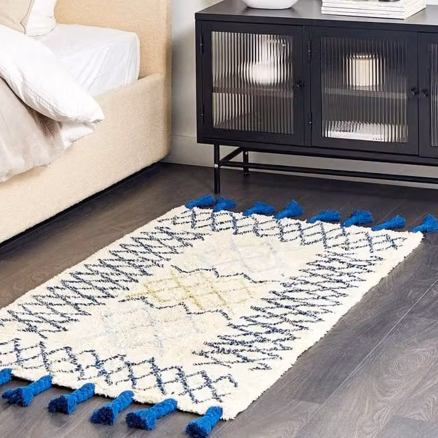 Wyld and Coco Beige and Blue Cotton Geometric Hand Tufted Rug with Fringes W: 80 cm, L: 150 cm – 1