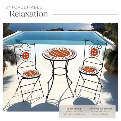 tectake Mosaic Garden Bistro Set in Brown and Multicolour with Metal and Stone Geometric Design – 3