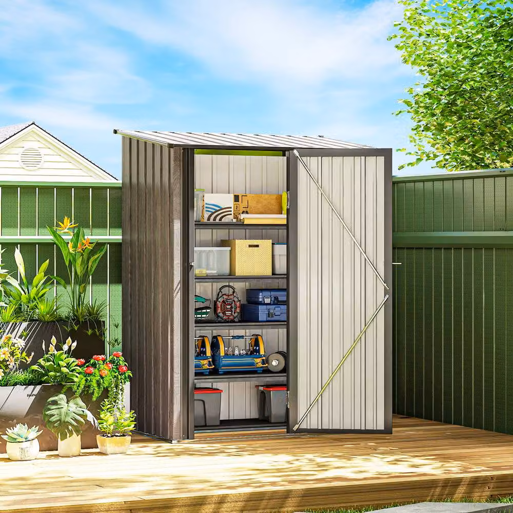 Rolipo Metal Garden Shed with Sloped Roof and Lockable Door, Light Grey, W: 152.4 cm, D: 91.44 cm, H: 91.44 cm – 4
