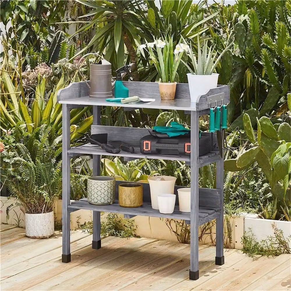 EONLION Grey 3-Layer Metal Table Bench with 2 Storage Shelves – 3
