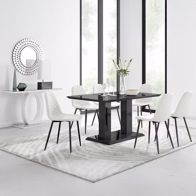 FurnitureboxUK Imperia White Rectangular Dining Table with 6 Black Corona Faux Leather Chairs