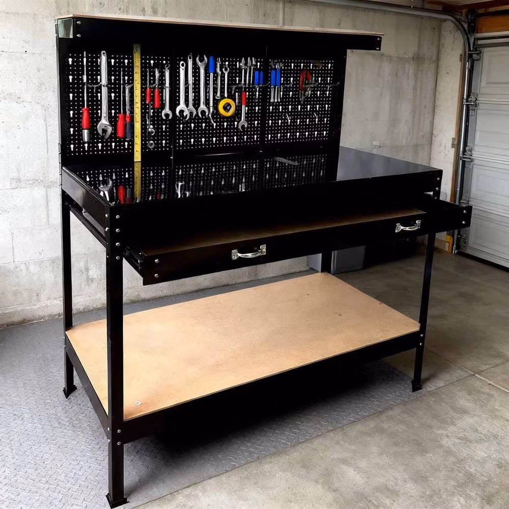 NESTLUNE Metal Garage Storage Workbench with Pegboard and Drawer in Black, W/D/H: 100 x 52 x 140 cm – 3
