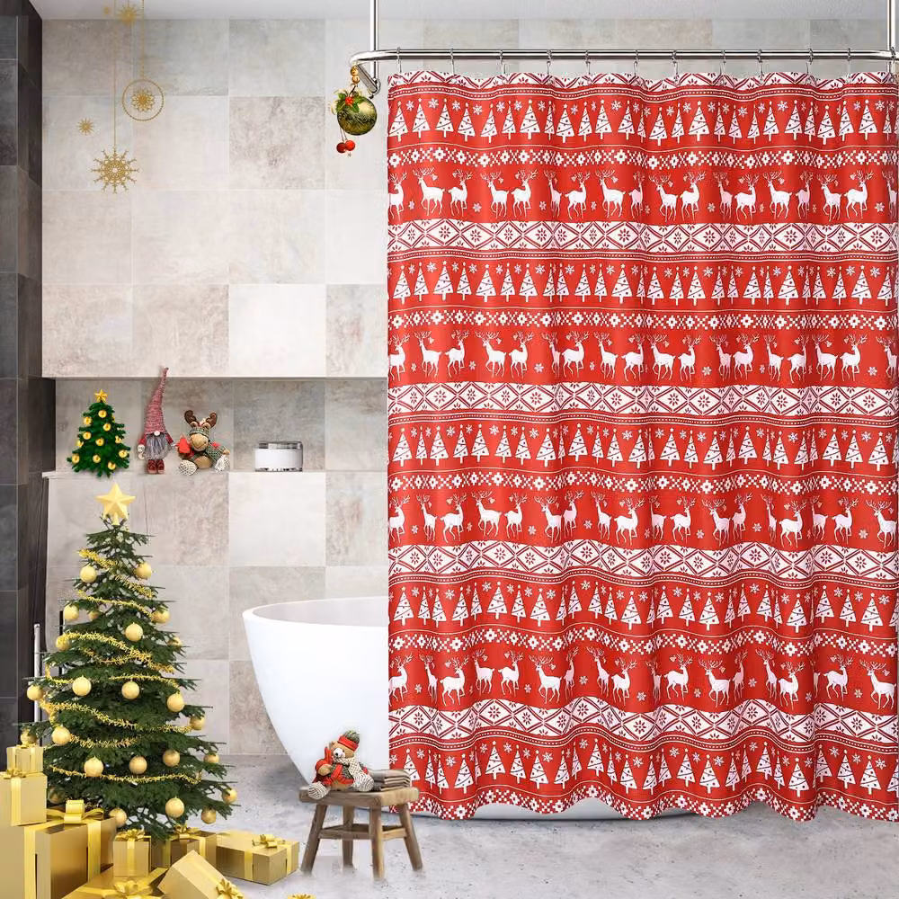 London Boutique Festive Christmas Waterproof Polyester Shower Curtain in Red and White – 7