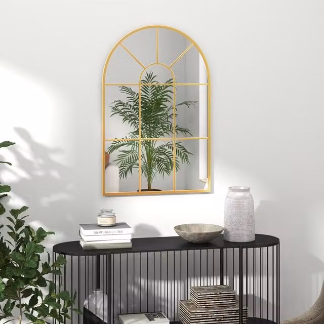 HOMCOM Modern Arched Window Wall Mirror in Gold Tone, W: 91 cm, H: 91 cm