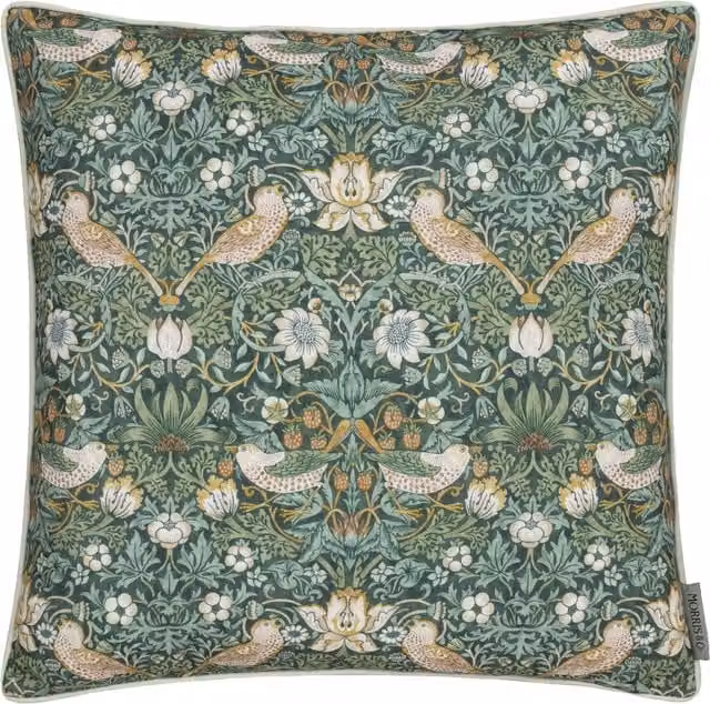 Morris & Co. Strawberry Thief Floral Piped Outdoor Filled Cushion, Green and Orange, W/D/H: 50 x 50 x 50 cm