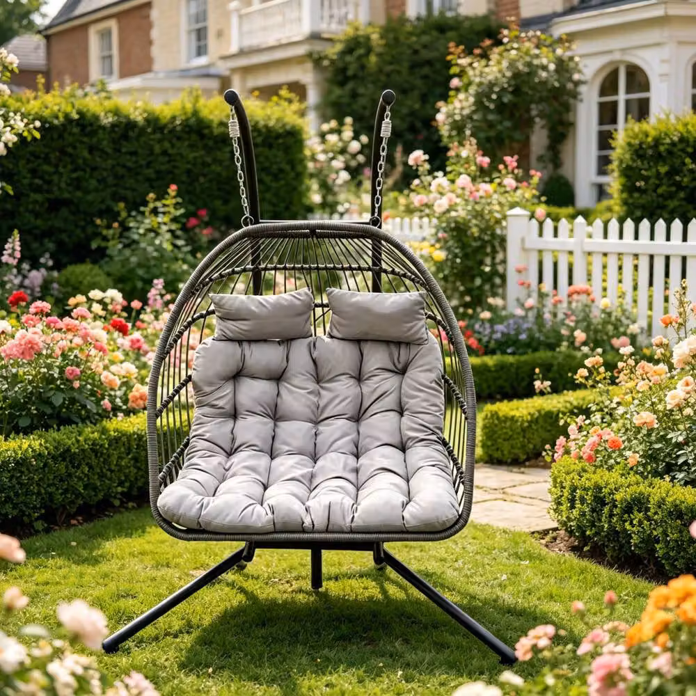 Fimous Double Egg Hanging Chair with Thick Cushions in Dark Grey and Black for Indoor and Outdoor Use – 3