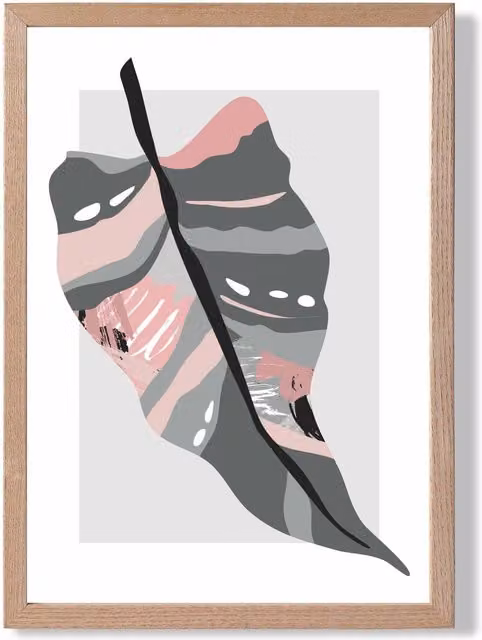 ARTZE Tropical Palm Grey and Pink Boho Botanical Framed Print with Oak Frame