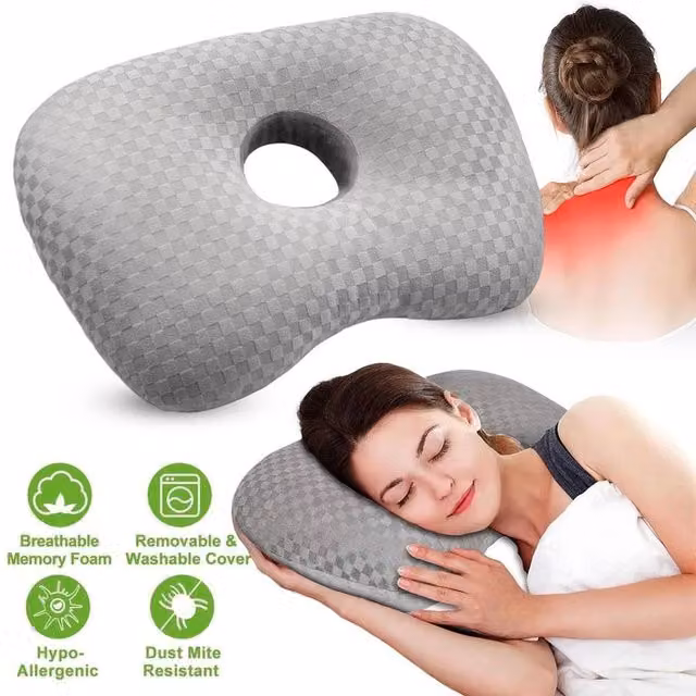 FLAVORA Ergonomic Breathable Ear Piercing Pillow for Side Sleepers in Grey – 1