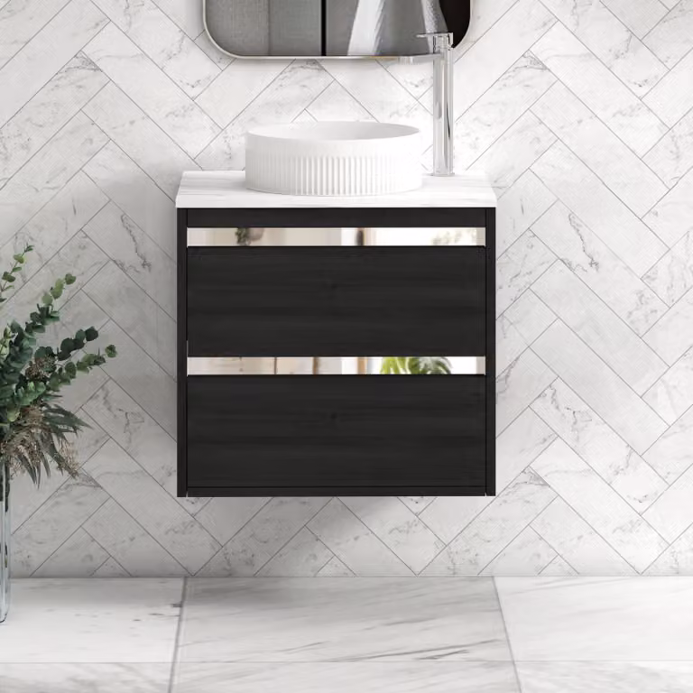 Royal Bathrooms Orion 600mm Hale Wall Hung Vanity Unit with 2 Drawers, Carrara White Countertop and Round Basin in Black and White with Chrome Accent Trim