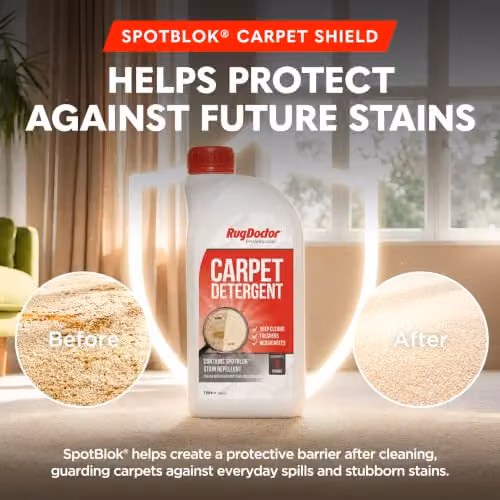 Rug Doctor Carpet Detergent with SpotBlok, 1.1 l 4-in-1 Carpet Cleaner Solution for Cleaning, Rejuvenating, Deodorising and Protecting – 4