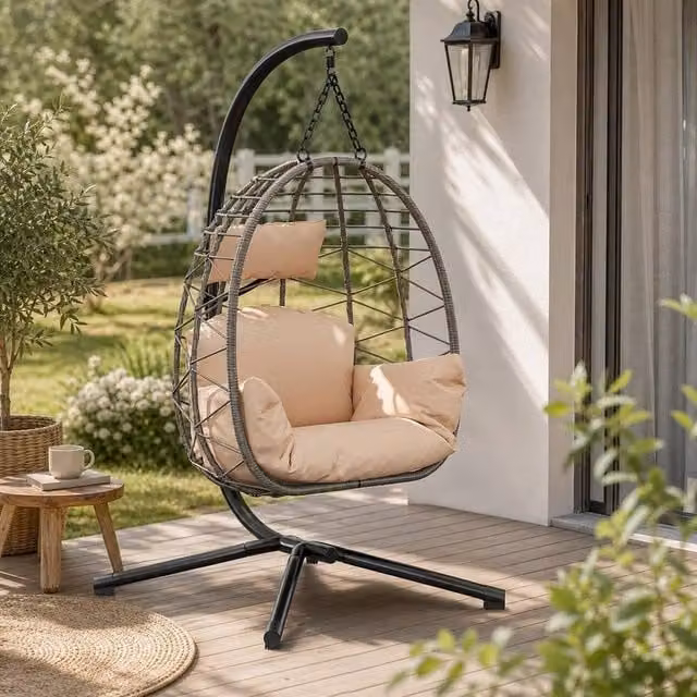 London Boutique Hanging Egg Chair with Stand, Cushions and Rain Cover in Beige – 1