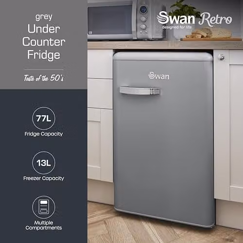Swan Retro Under Counter Fridge in Grey with 77L Fridge Capacity and 13L Freezer Capacity – 2