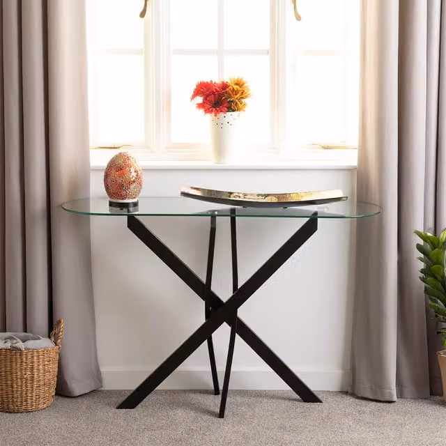 Seconique Sheldon Minimalist Black Console Table with Glass Top and X-Frame Metal Base