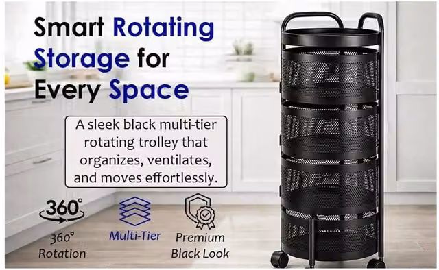 Hygrad 4 Tier Round Rotating Storage Cart Trolley in Matt Black Metal – 1