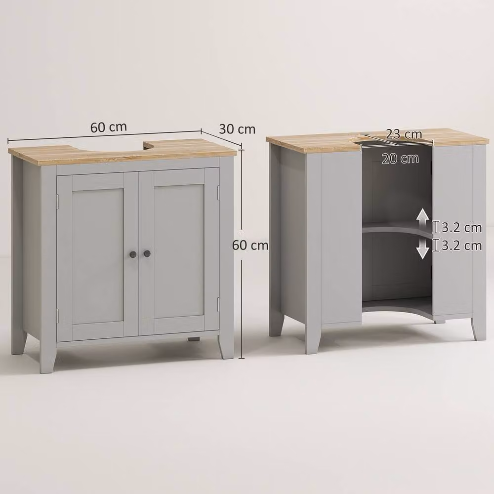 Kleankin Grey Modern Freestanding Bathroom Pedestal Under Sink Storage Cabinet with Hinged Doors and Internal Shelves – 2