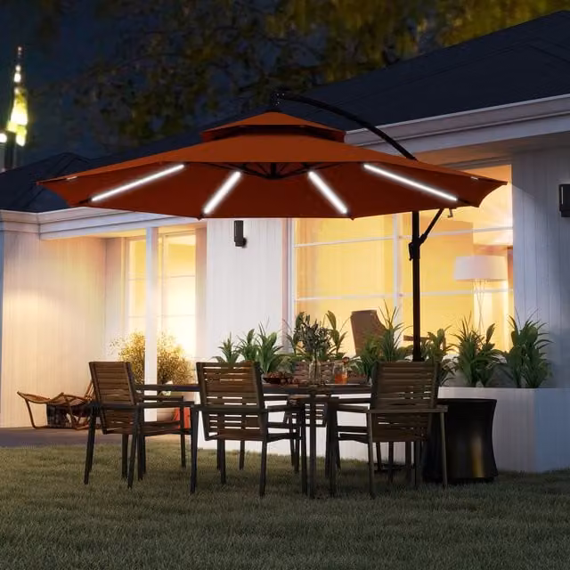 Outsunny 3m Cantilever Banana Parasol with Double Roof and LED, Orange
