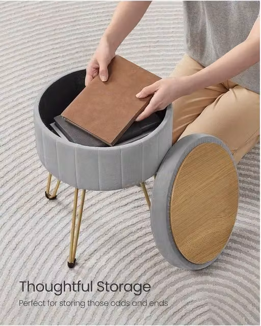 SONGMICS Velvet Storage Ottoman Stool in Grey