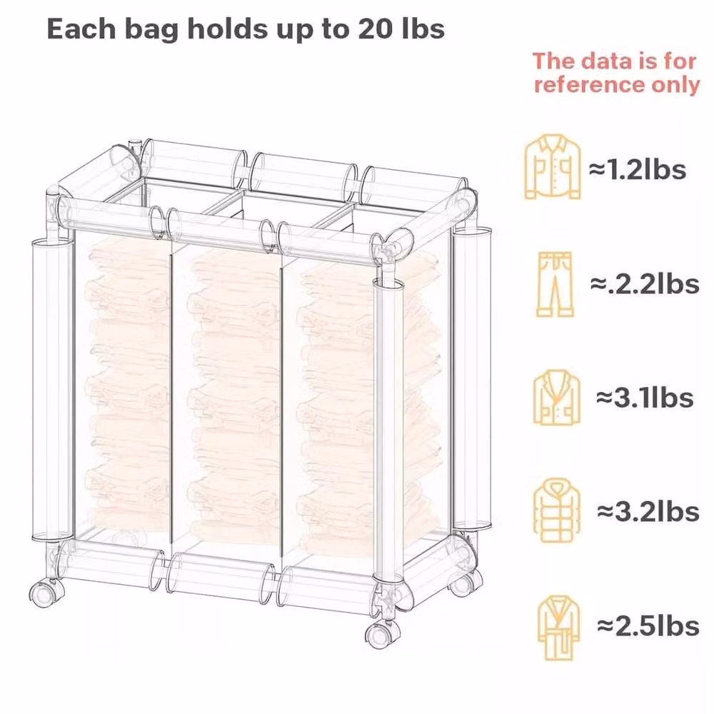 EONLION Foldable 3-Section Laundry Hamper Storage Bags in Black, Collapsible with Wheels, Height: 100 cm – 3